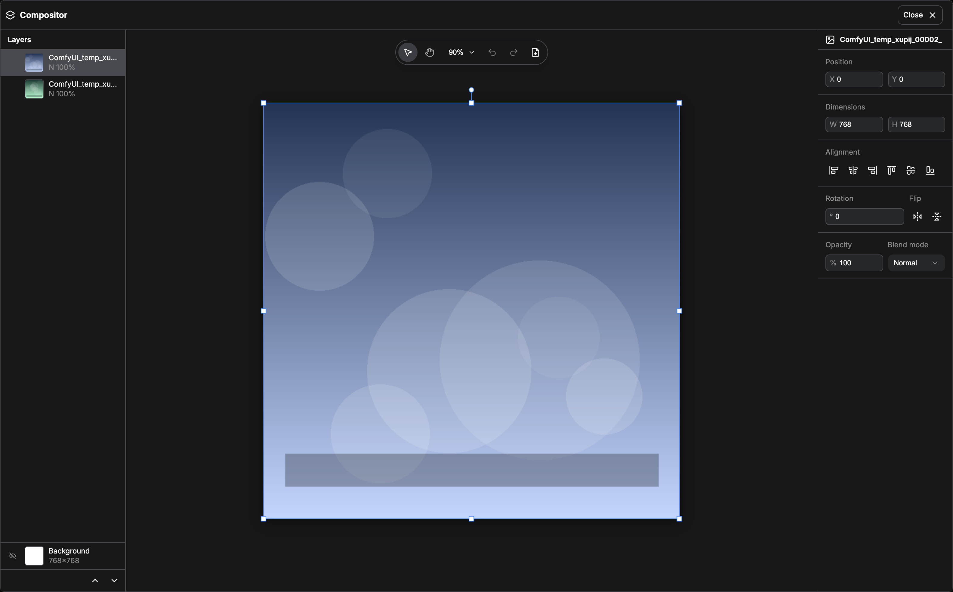 The Layer Editor dialog: Layers panel on the left, canvas in the center, properties panel on the right