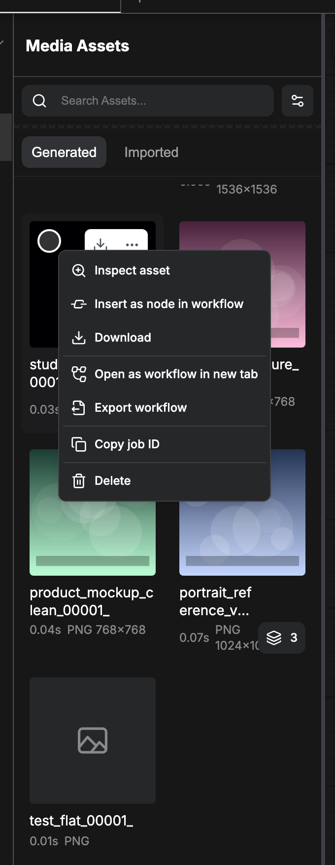 The right-click menu on an asset card, with options to inspect, insert, download, export, or delete the asset