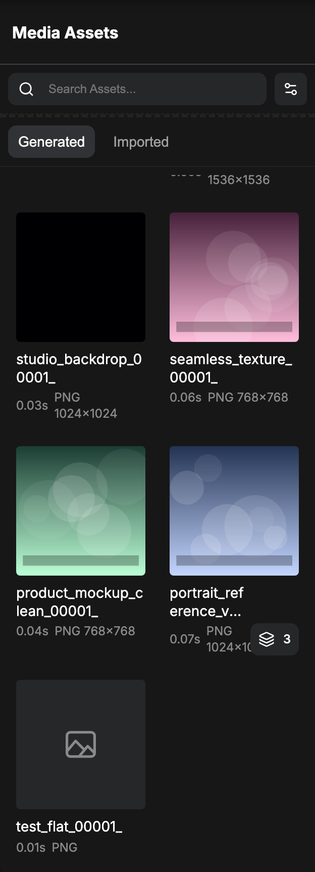 The Assets panel on the Generated tab in grid view, with a multi-output card and its output count badge