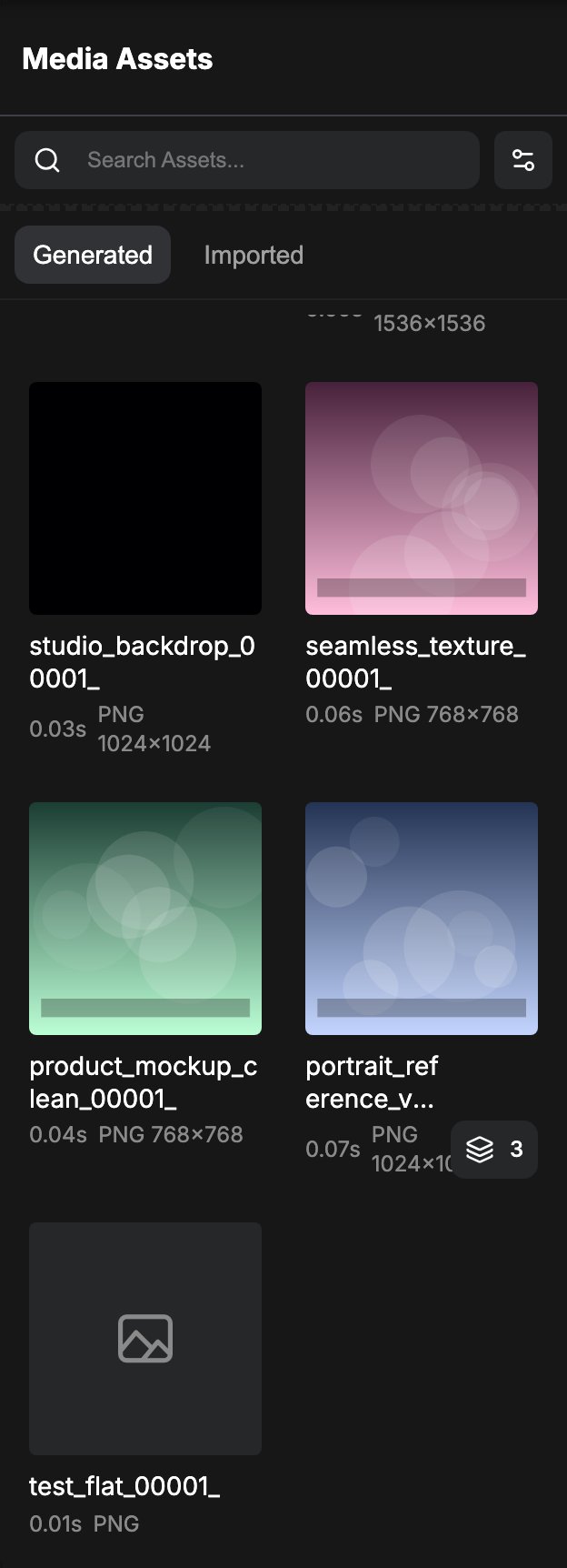 The Assets panel on the Generated tab in grid view, with a multi-output card and its output count badge