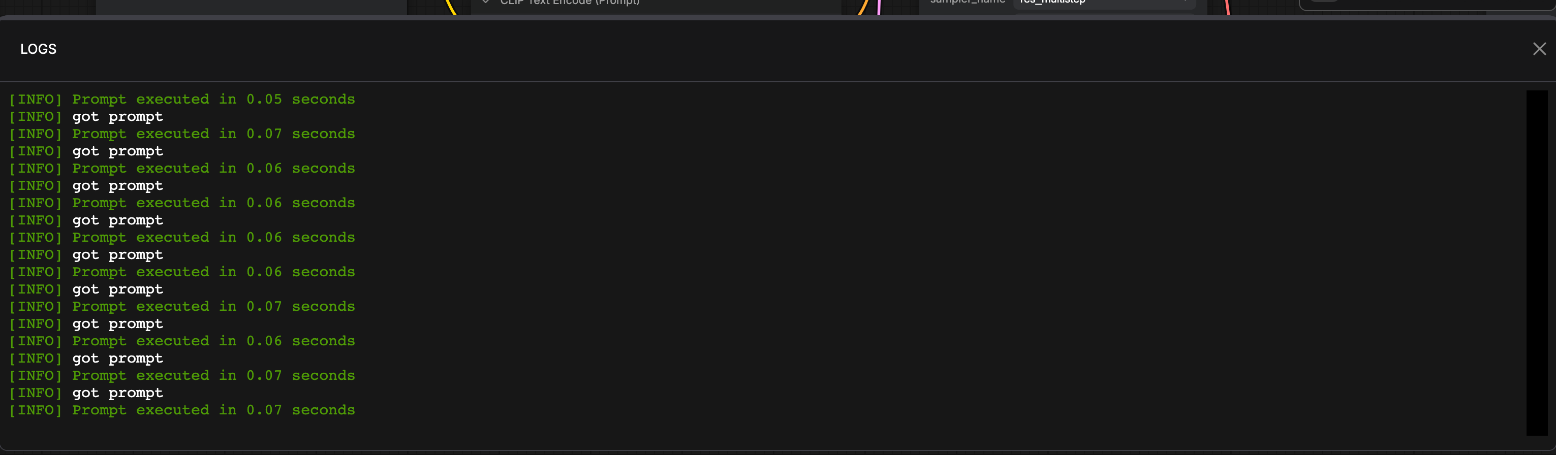 The Logs tab streaming runtime output from the ComfyUI process on a self-hosted install