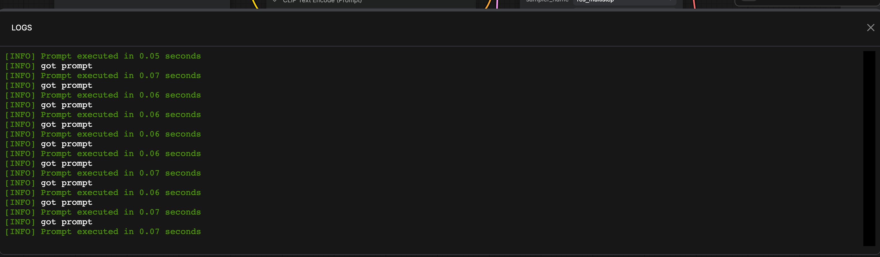 The Logs tab streaming runtime output from the ComfyUI process on a self-hosted install