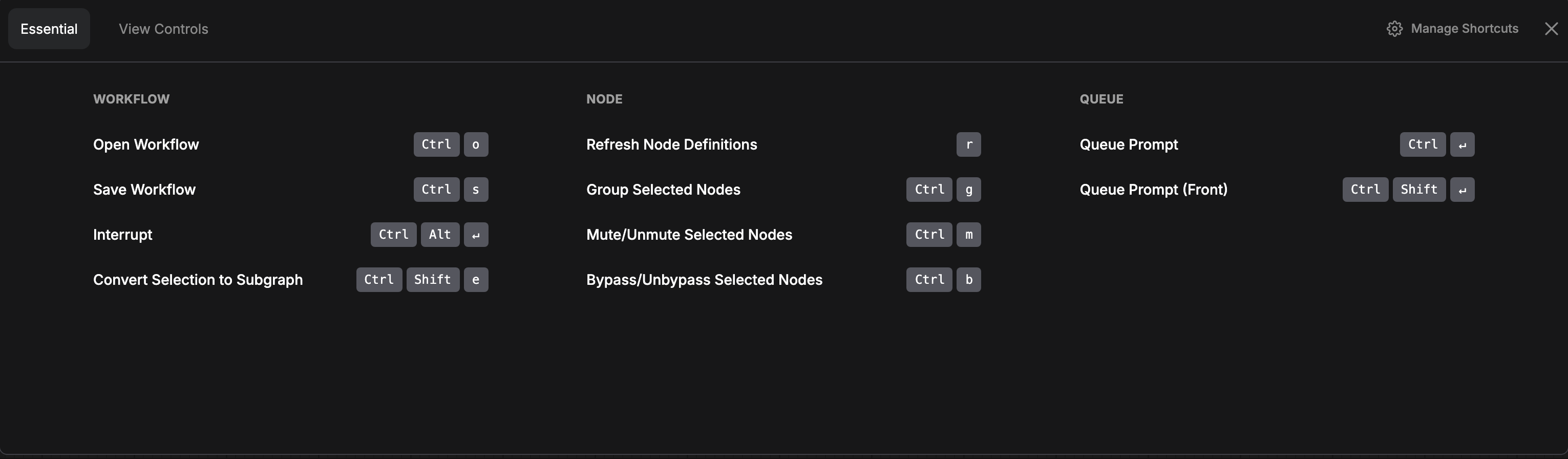 The bottom panel open on the Shortcuts tab, showing the Essentials list