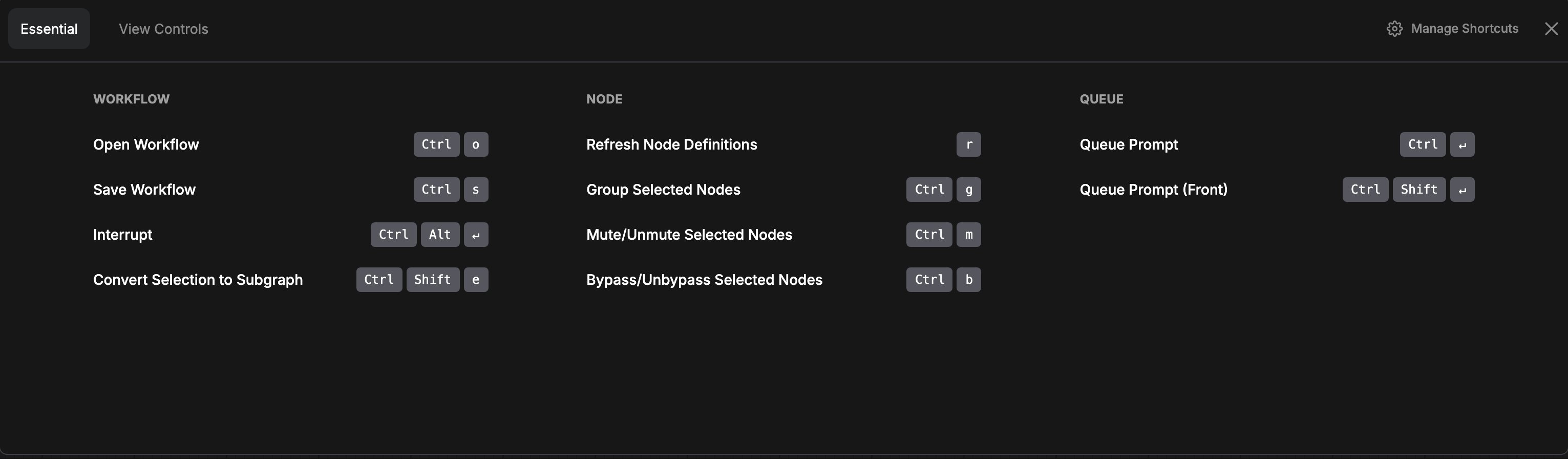 The bottom panel open on the Shortcuts tab, showing the Essentials list
