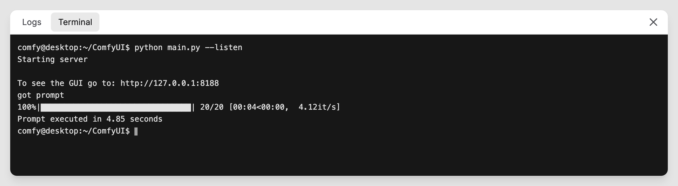 The Terminal tab on Desktop, showing an in-app shell next to Logs