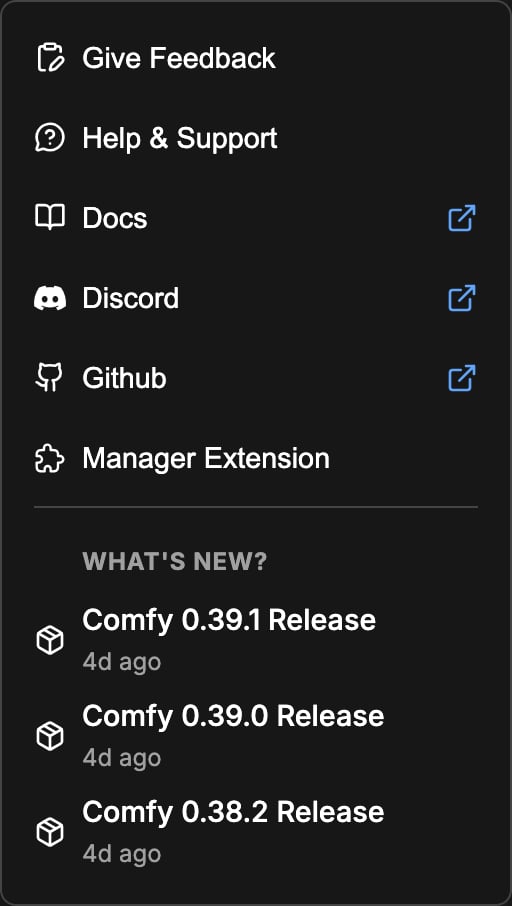 The Help Center menu with the menu entries and the What's New section