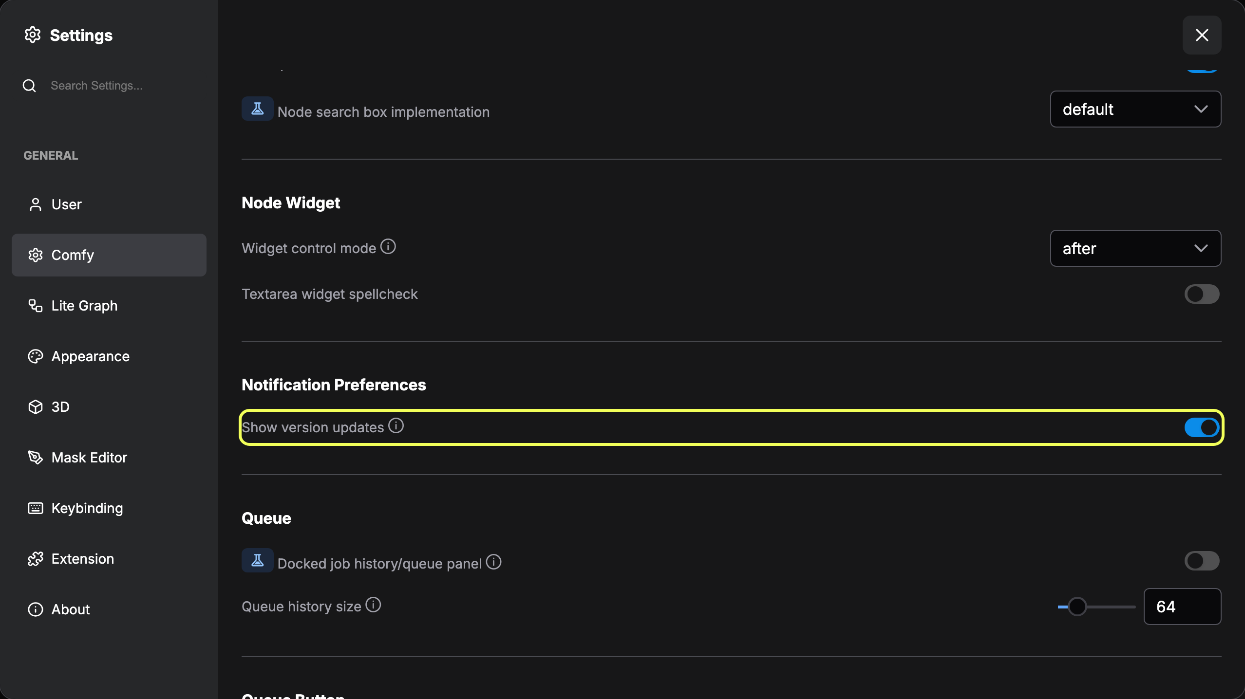 The Show version updates setting under Comfy then Notification Preferences