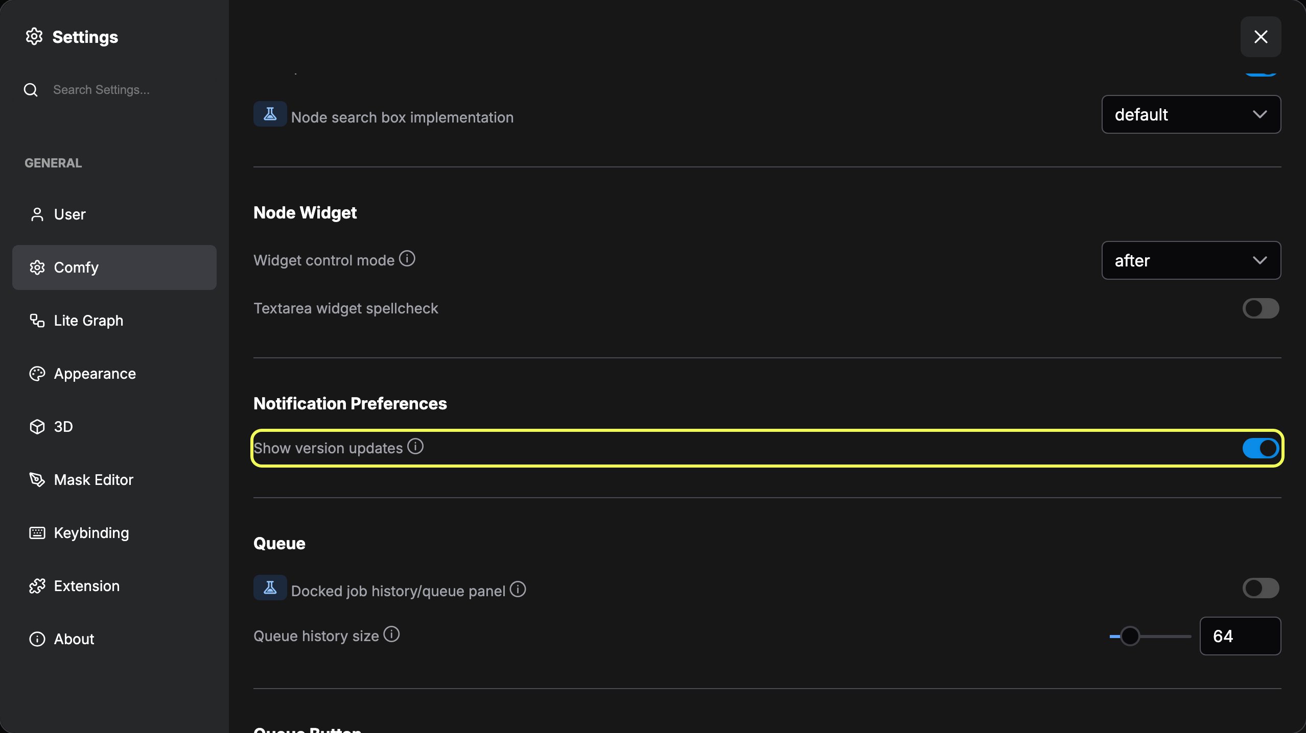 The Show version updates setting under Comfy then Notification Preferences