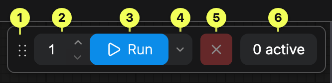 Run bar: 1 drag handle, 2 batch count, 3 Run, 4 queue mode, 5 cancel, 6 active jobs