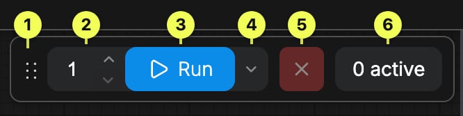 Run bar: 1 drag handle, 2 batch count, 3 Run, 4 queue mode, 5 cancel, 6 active jobs