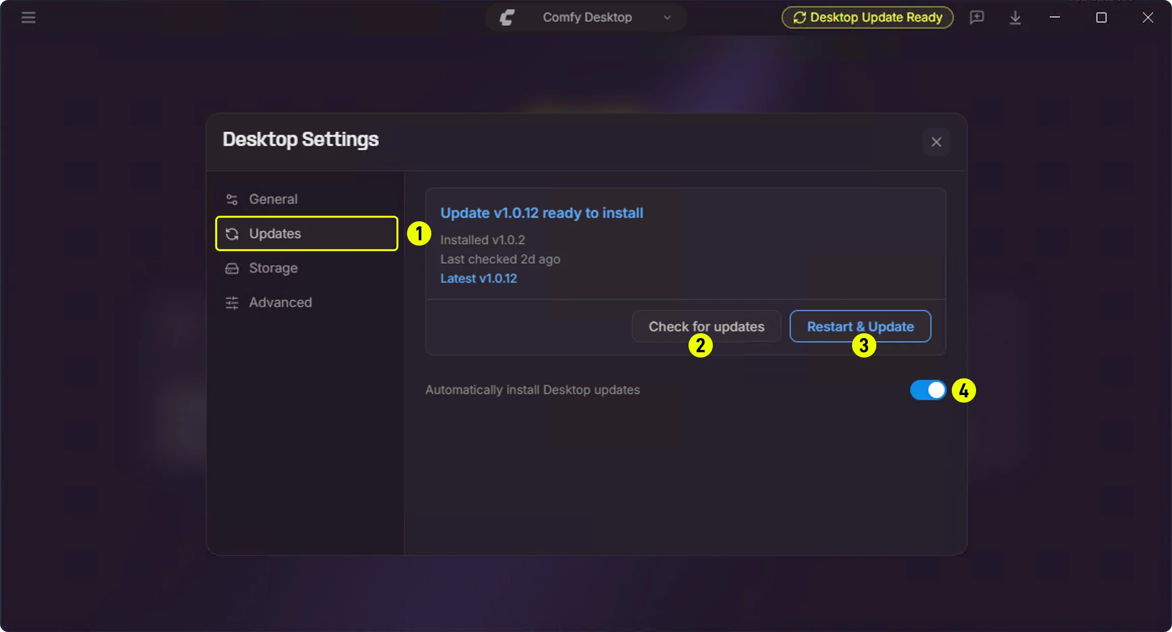 Desktop Settings의 Updates 패널