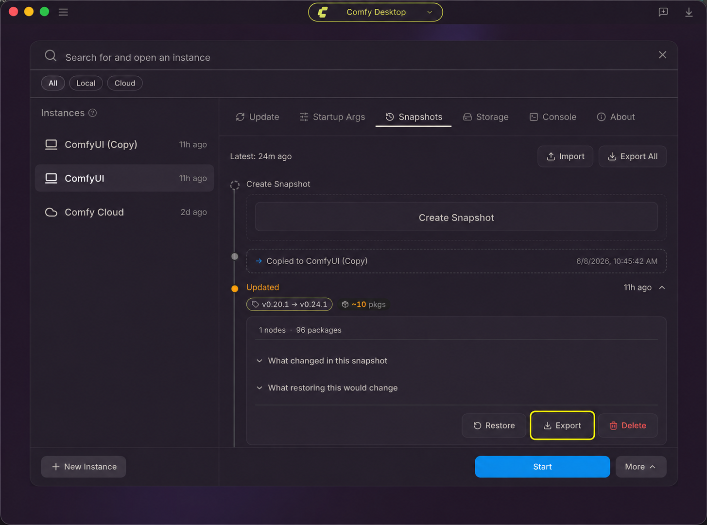 Comfy Desktop Snapshots tab with the selected snapshot's Export button highlighted
