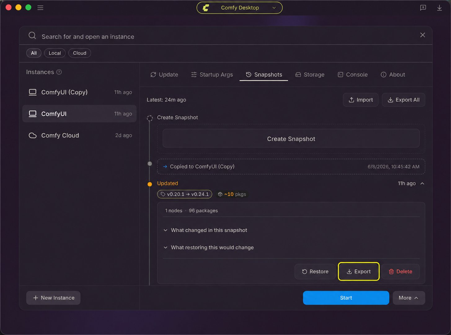 Comfy Desktop Snapshots tab with the selected snapshot's Export button highlighted