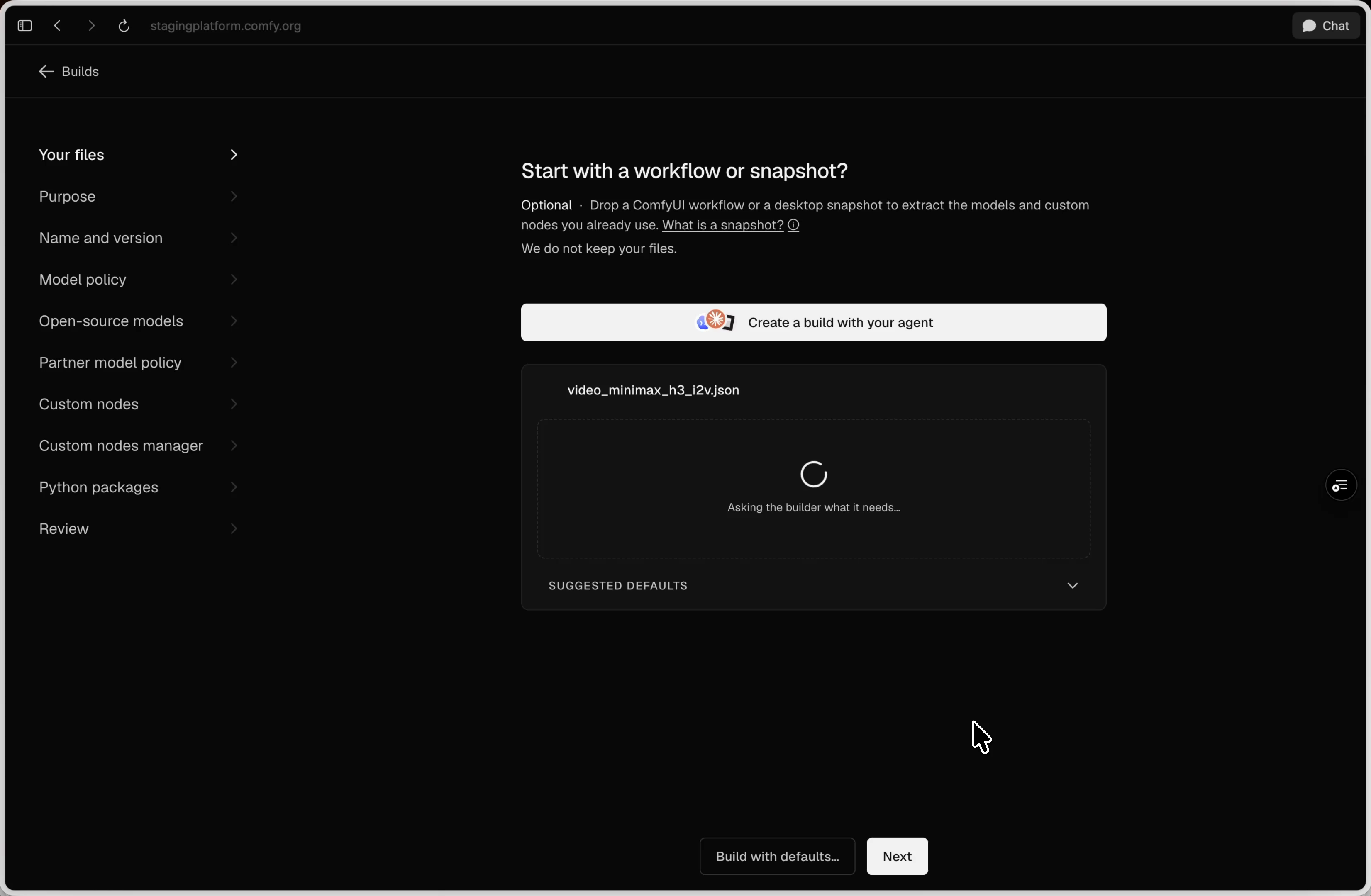 Comfy API Build Wizard with an imported workflow JSON and build setup steps