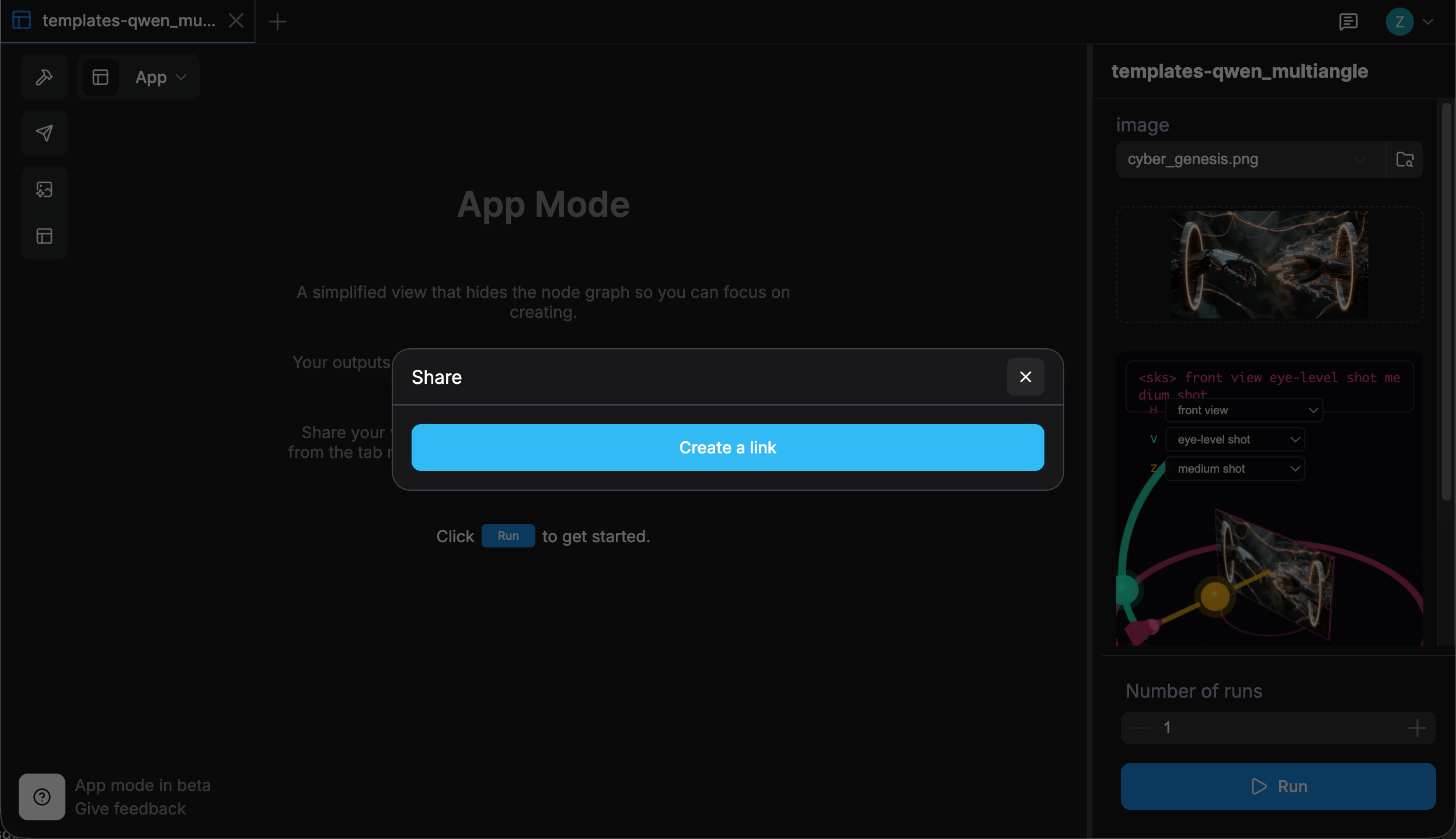 分享对话框,显示 Create a link 按钮