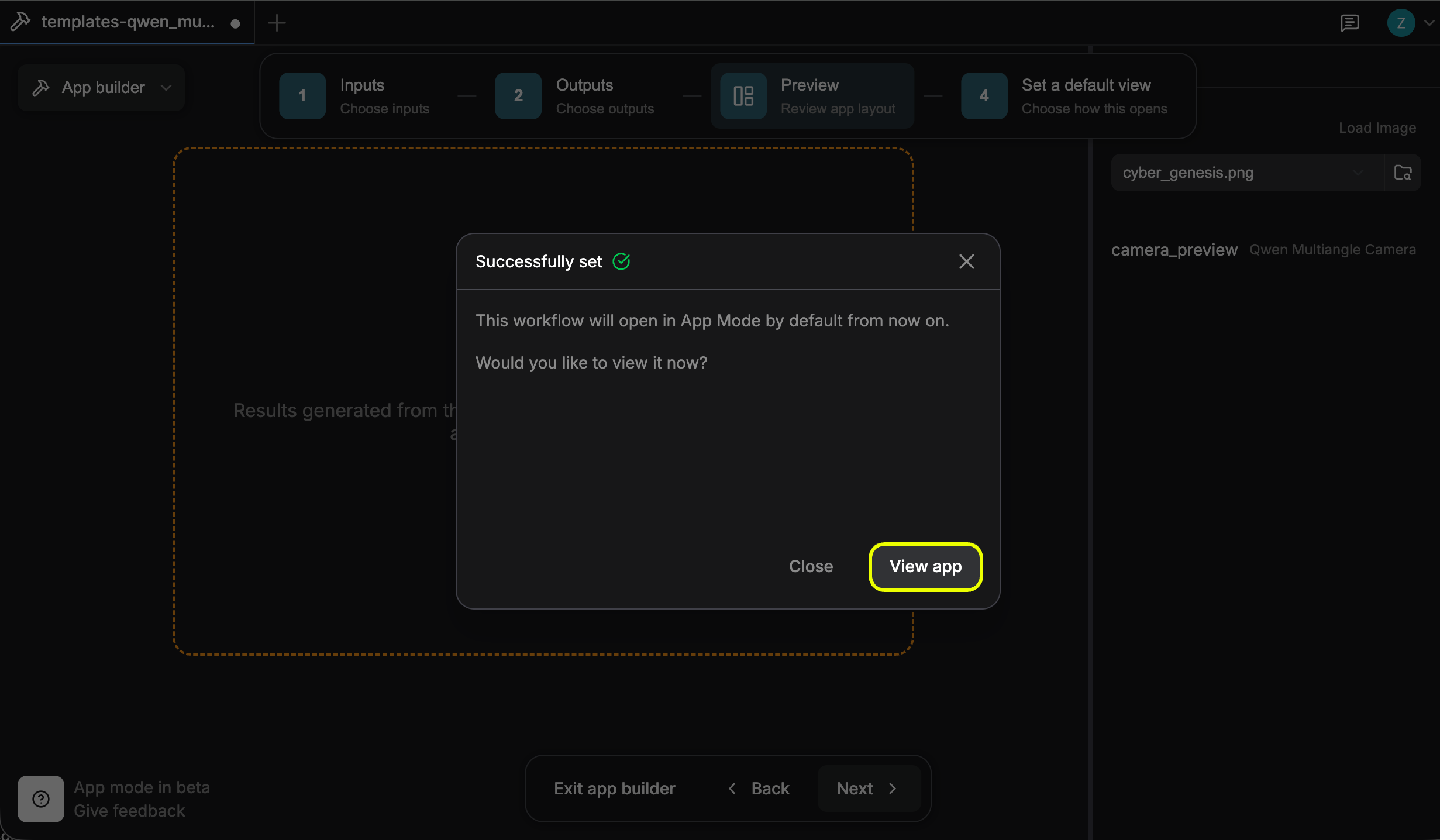确认提示,包含 View app 按钮