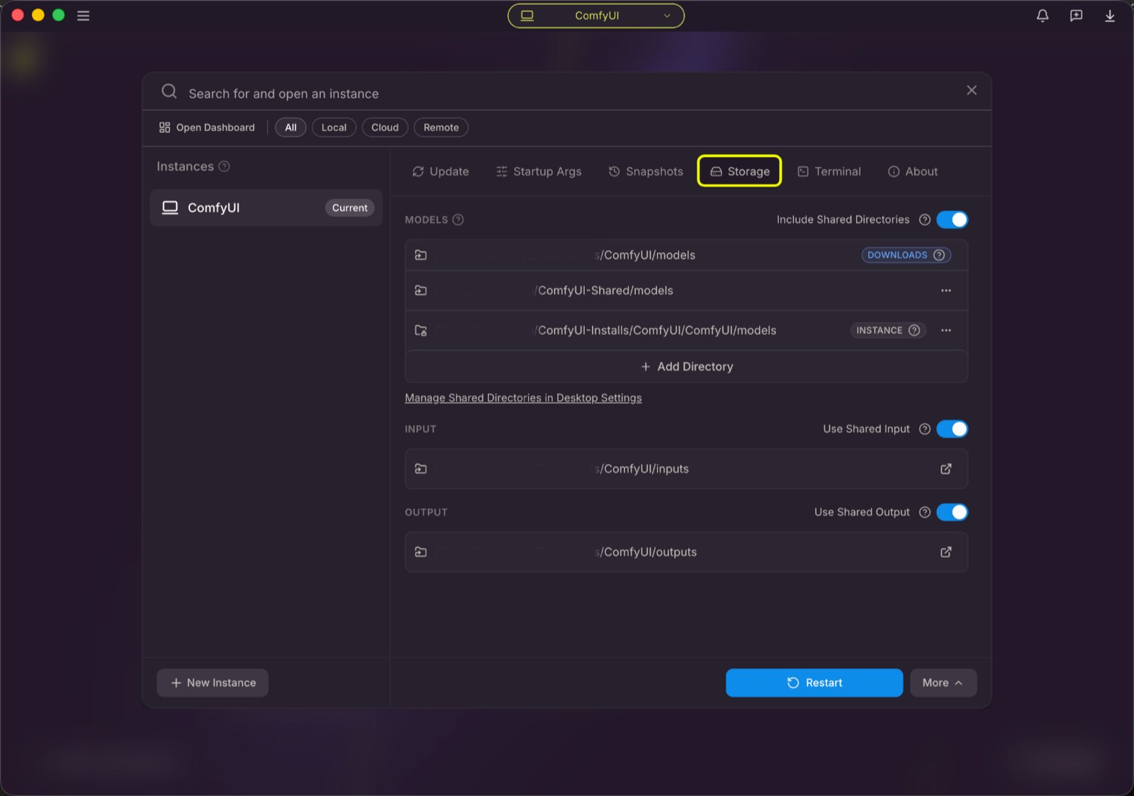 Comfy Desktop 胶囊菜单:显示模型目录设置的存储(Storage)标签页