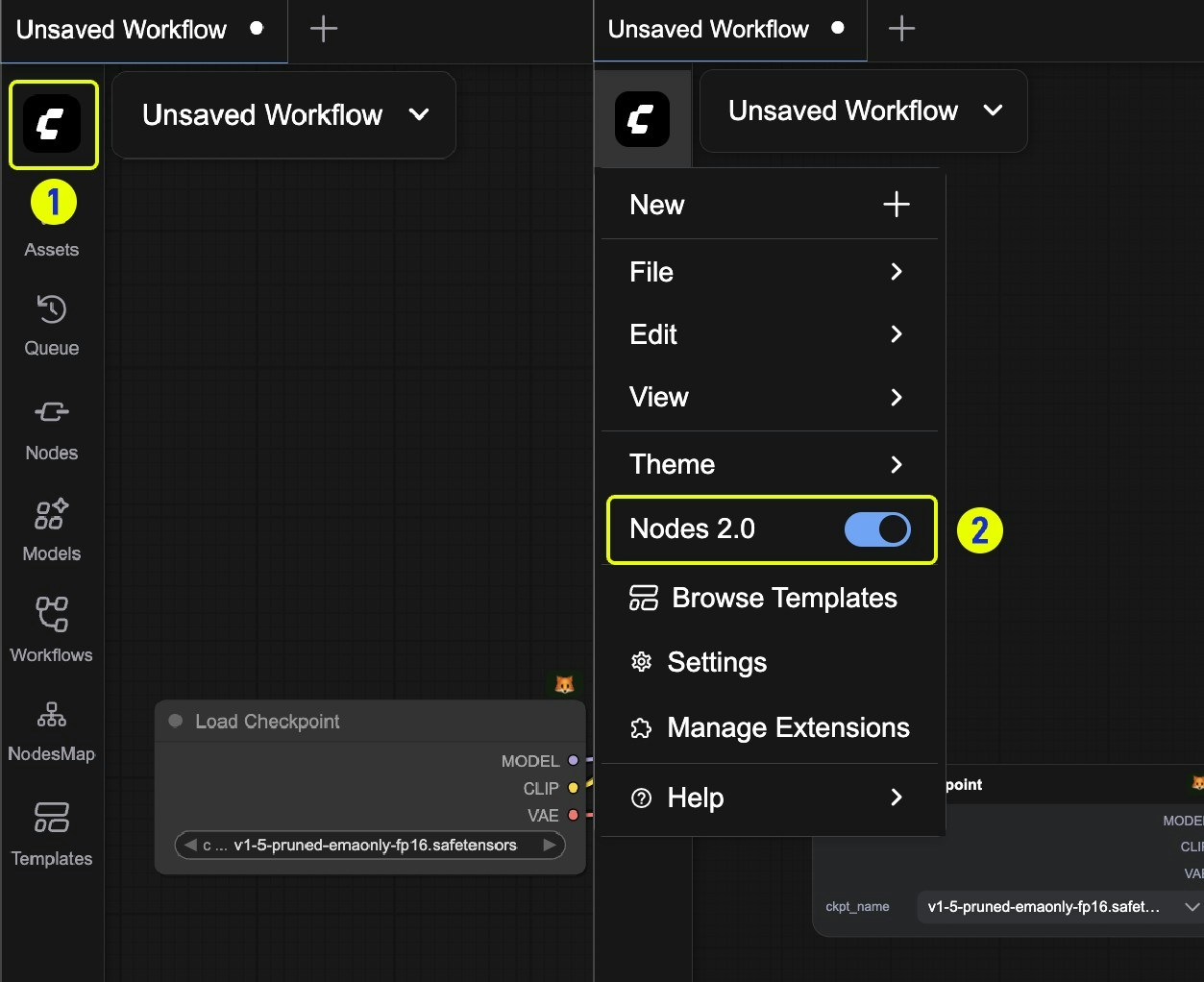 ComfyUI 菜单中 Nodes 2.0 切换位置