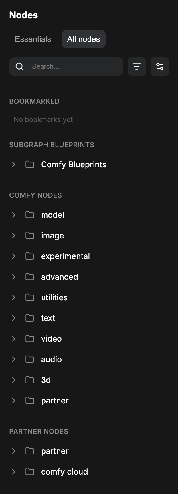 ComfyUI ノードライブラリパネルの All nodes タブ。ブックマーク済み、Comfy ノード、パートナーノード、拡張機能の各グループを表示