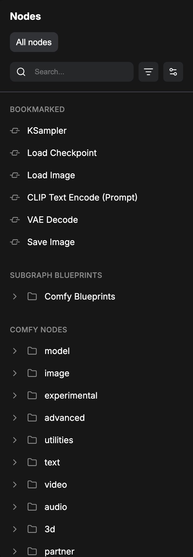 The Node Library on the All nodes tab with the Bookmarked section at the top