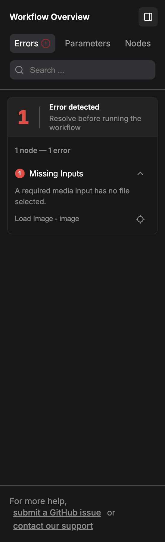 右サイドパネルの Errors タブ。Load Image ノードの入力不足が表示され、位置を特定するボタンがある