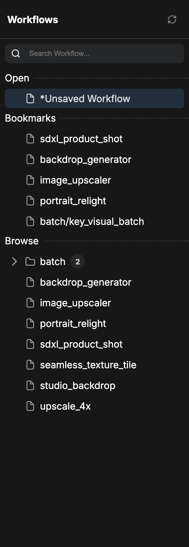 The Workflows panel with the Open, Bookmarks, and Browse sections and the search box