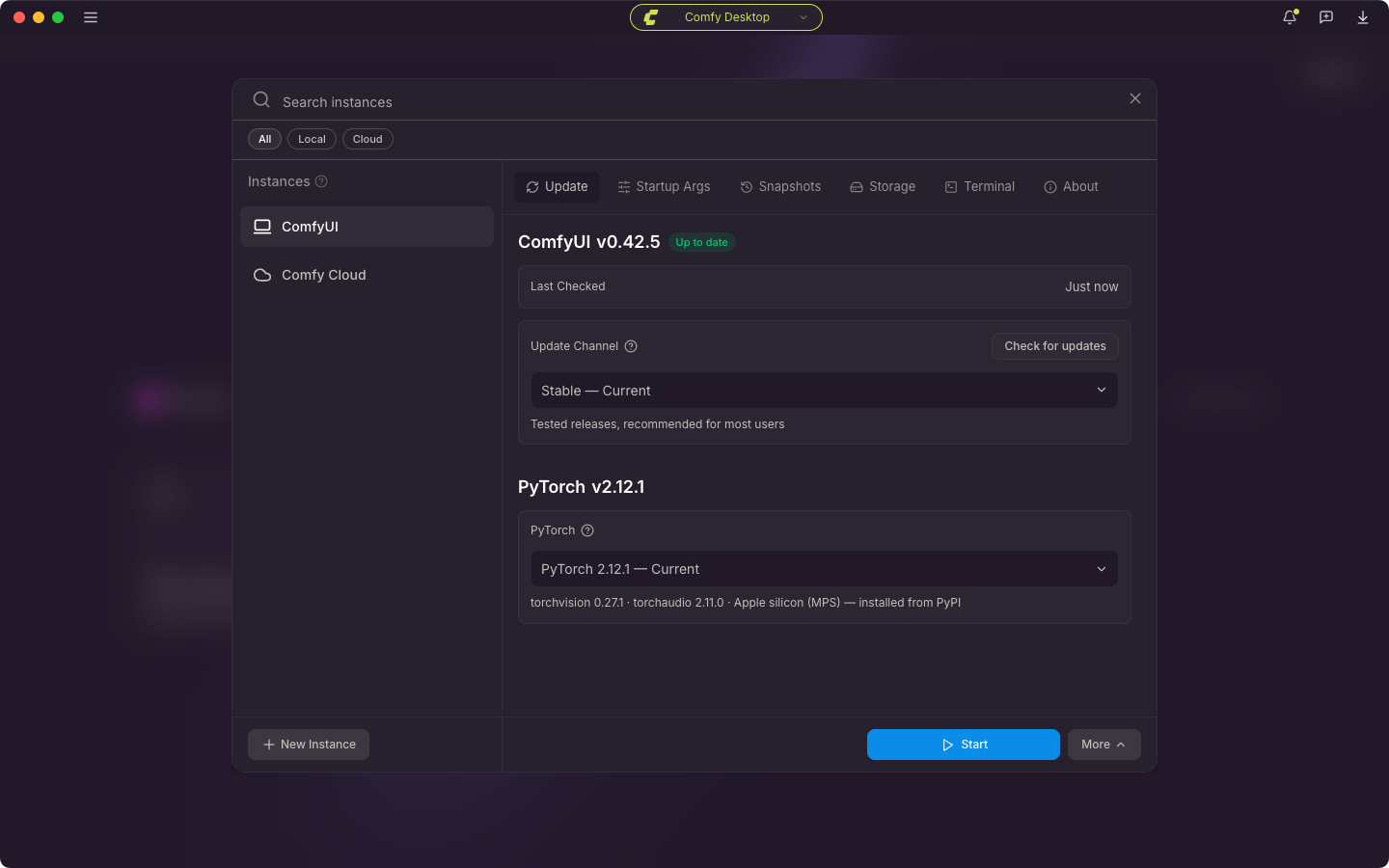 Manage panel for a local instance: Update, Startup Args, Snapshots, Storage, Terminal, About