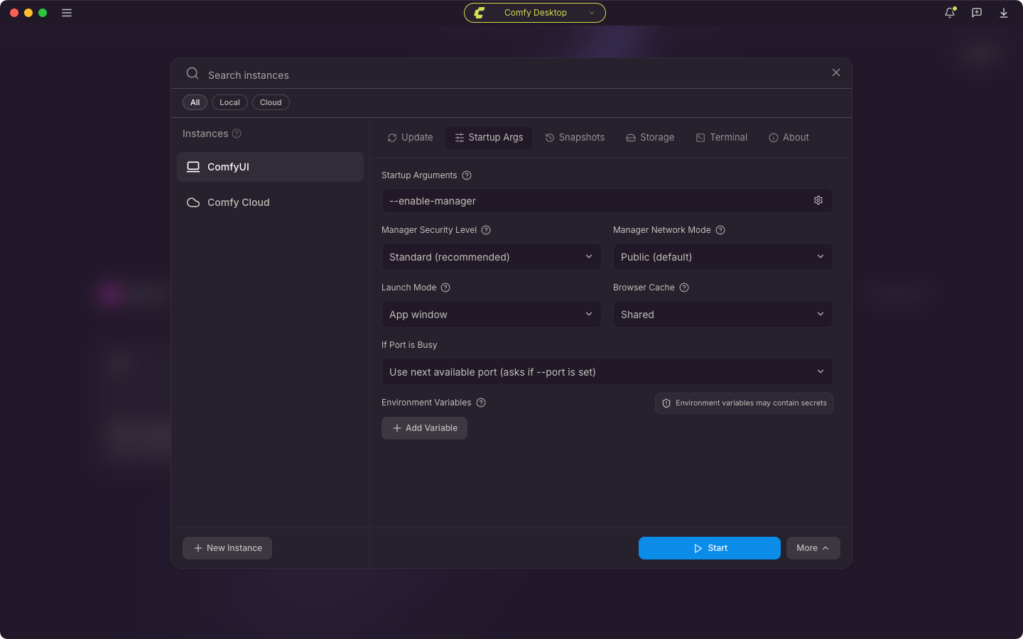 Manage Startup Args tab for instance launch arguments and beta args