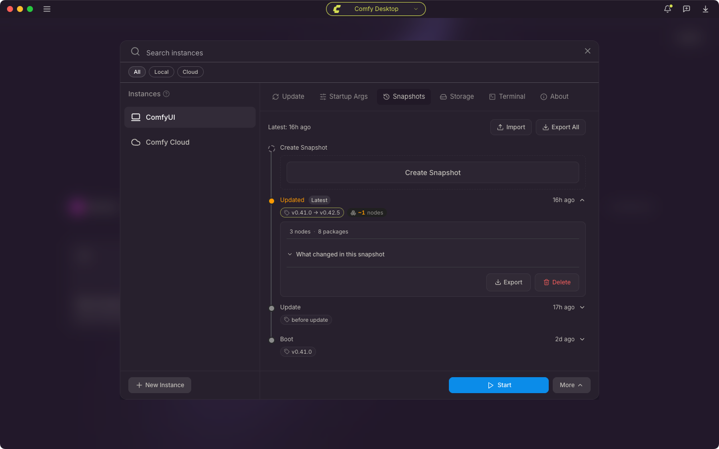 Manage Snapshots tab listing restore points for the instance