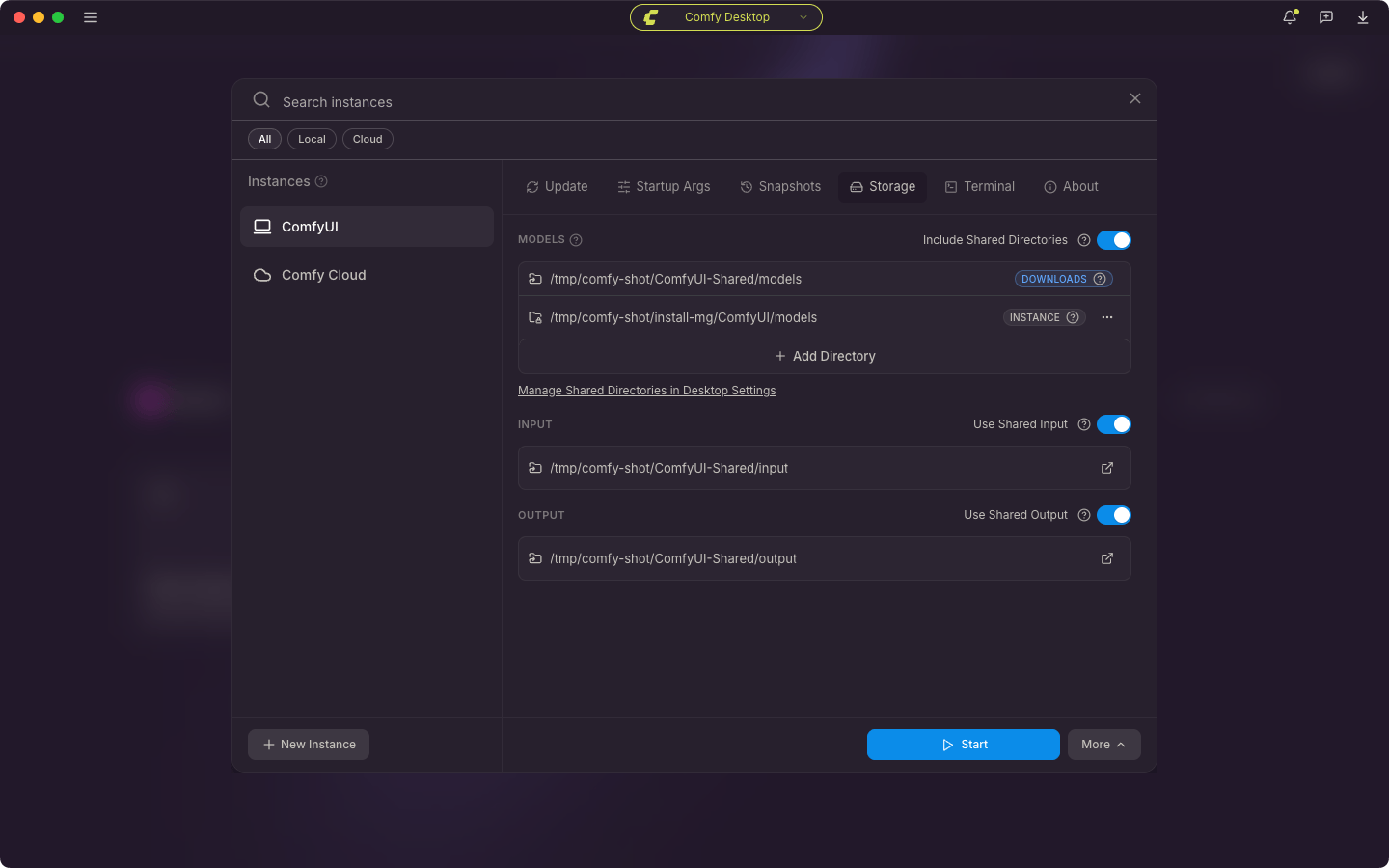 Manage Storage tab for per-instance model and I/O paths