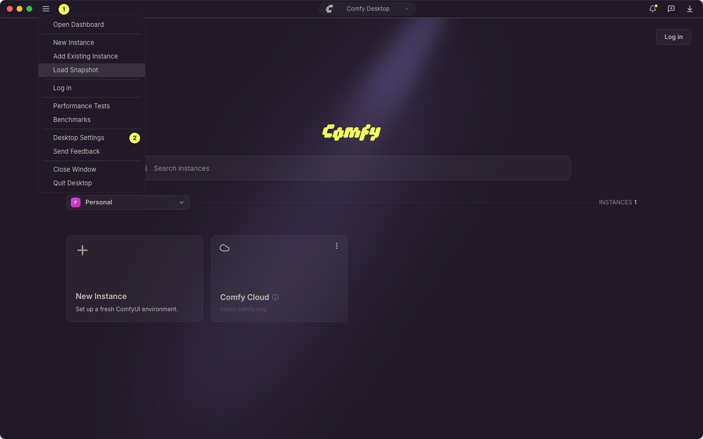 Panel de Comfy Desktop con el menú ☰ abierto y Configuraciones de Escritorio en el menú