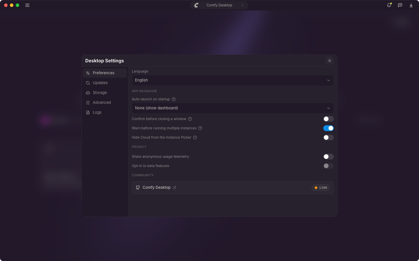 Preferencias: idioma, comportamiento de la aplicación, telemetría y participación en funciones beta