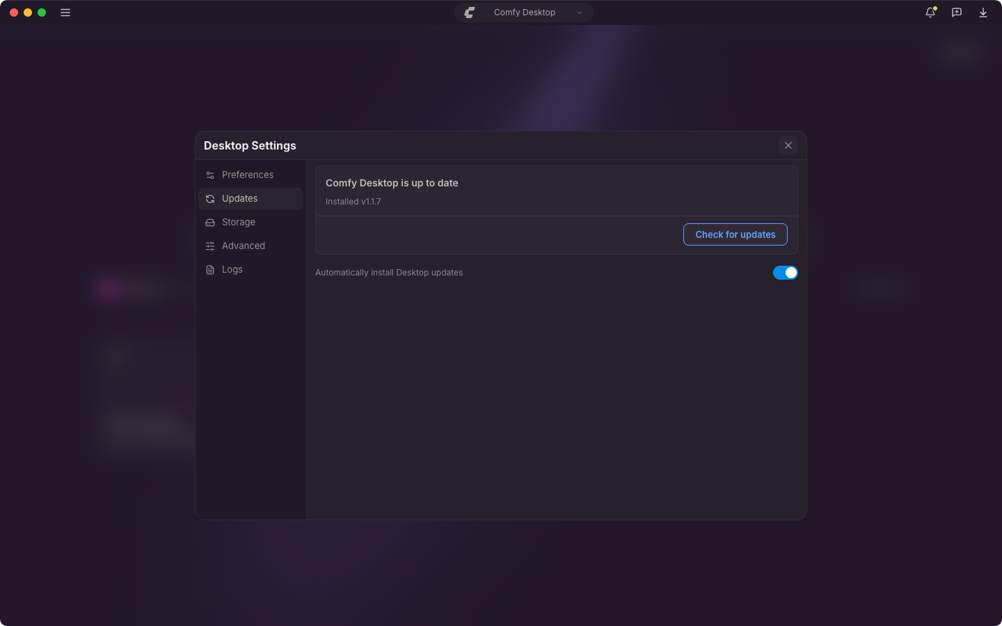 Pestaña Actualizaciones: versión instalada, Buscar actualizaciones, Instalar automáticamente las actualizaciones de Desktop