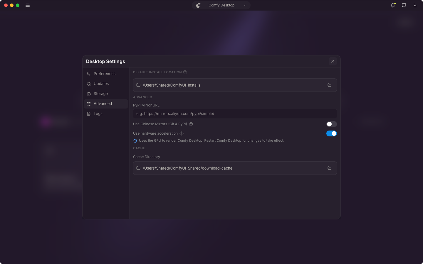 Pestaña Avanzado: ubicación de instalación predeterminada, espejos y aceleración por hardware