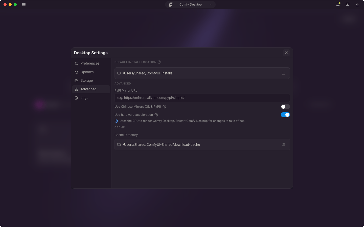 Pestaña Avanzado: ubicación de instalación predeterminada, espejos y aceleración por hardware