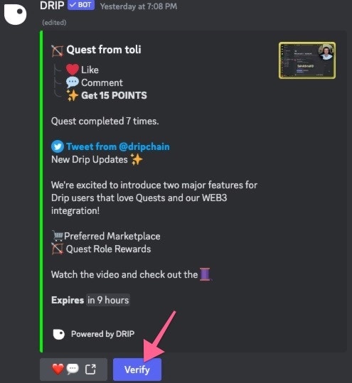 Complete a Quest and click on the Verify button