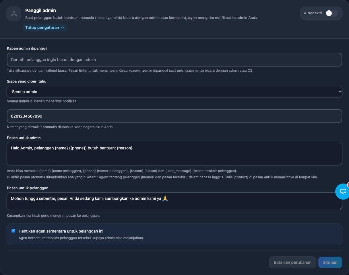 Formulir Konfigurasi Panggil Admin