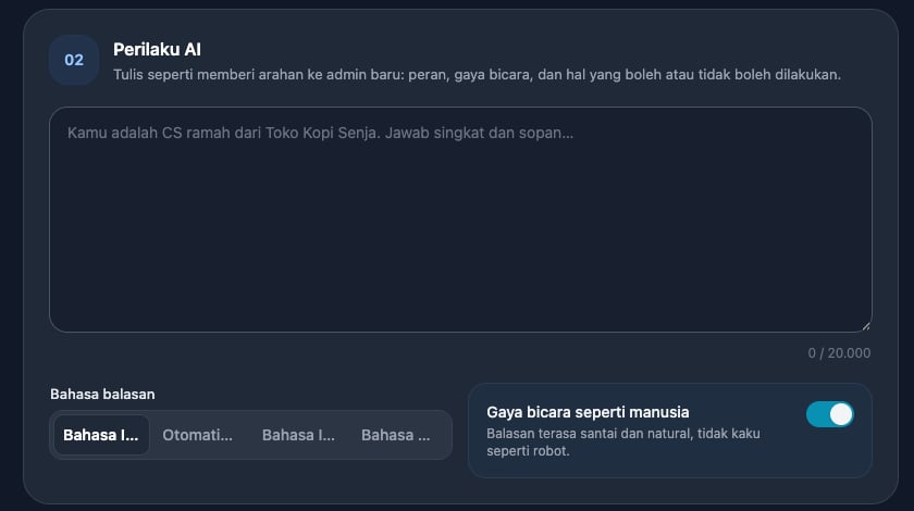 Area Input Instruksi Perilaku AI dan Bahasa Balasan