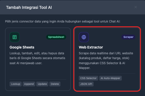 Memilih Scraper Web Extractor pada Modal Connector