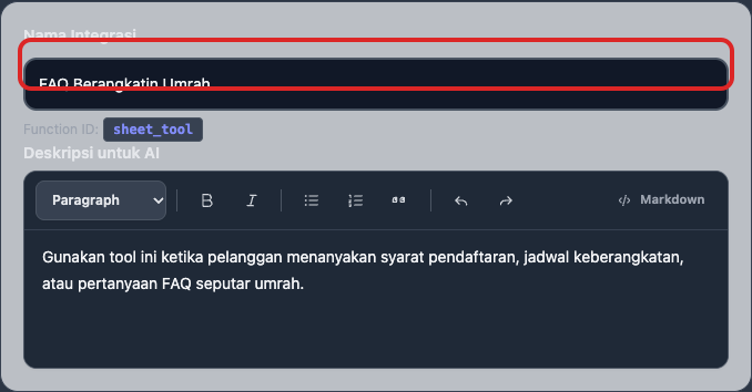 Mengisi Nama Integrasi dan Deskripsi untuk AI