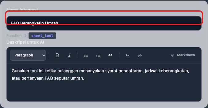 Mengisi Nama Integrasi dan Deskripsi untuk AI