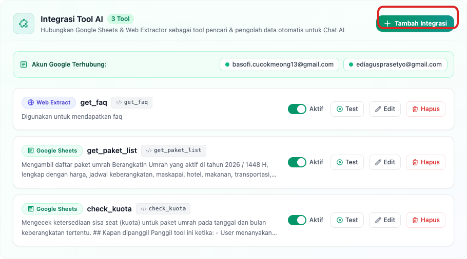 Kartu Integrasi Tool AI pada Tab Actions
