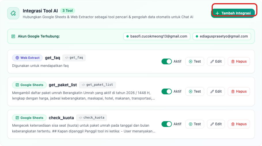 Kartu Integrasi Tool AI pada Tab Actions