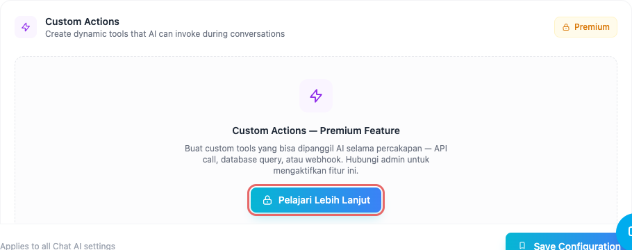 Kartu Custom Actions Premium pada Tab Actions