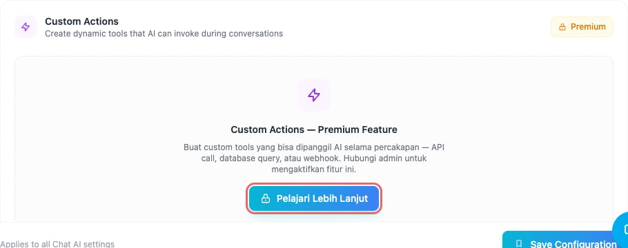 Kartu Custom Actions Premium pada Tab Actions