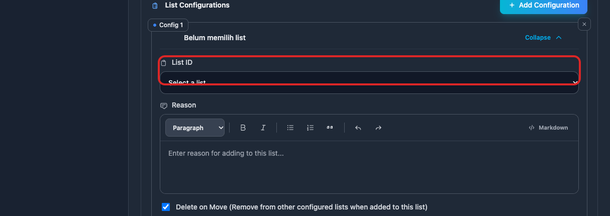 Memilih List ID dan Menuliskan Reason