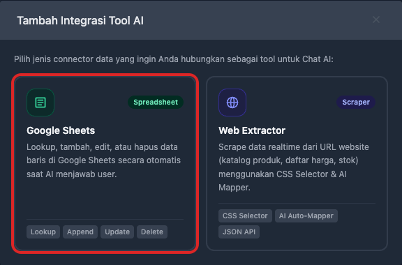 Pilihan Konektor Spreadsheet Google Sheets
