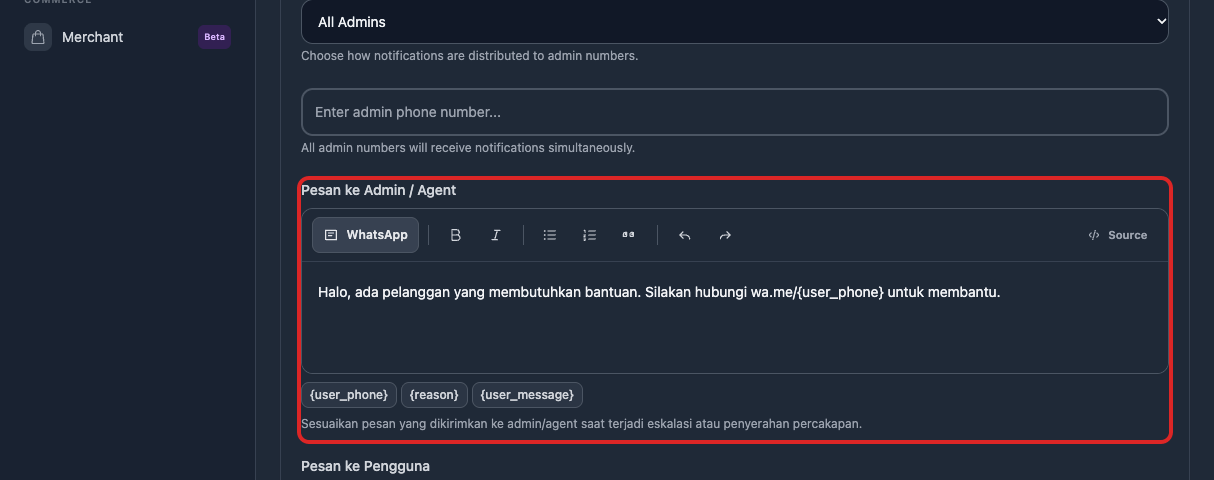 Pengaturan Tipe Notifikasi dan Template Pesan Handover