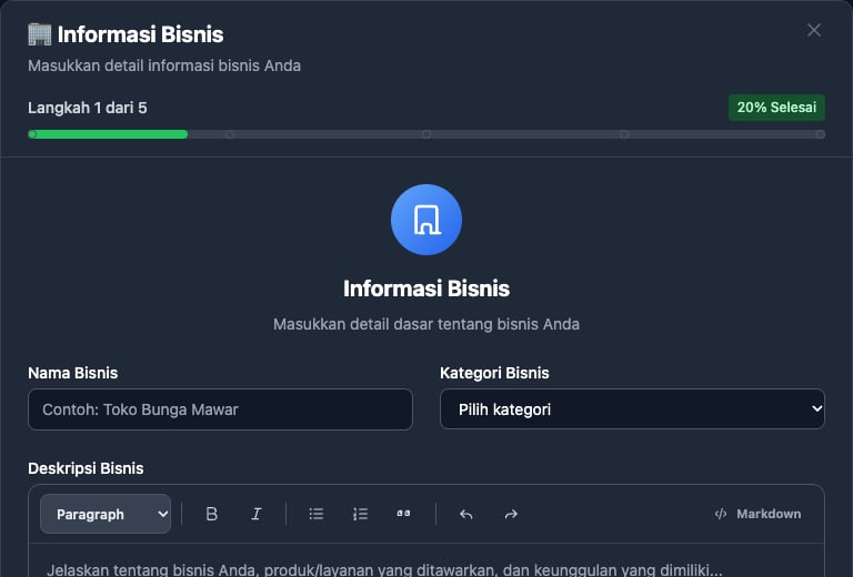 Modal Wizard AI Generator Informasi Bisnis
