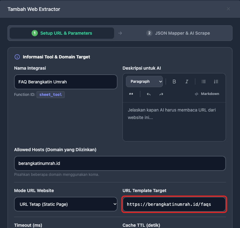 Formulir Setup URL Web Extractor